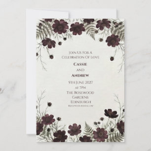 Convite Casamento Floral de Samambaia Cosmos Burgundy Escu