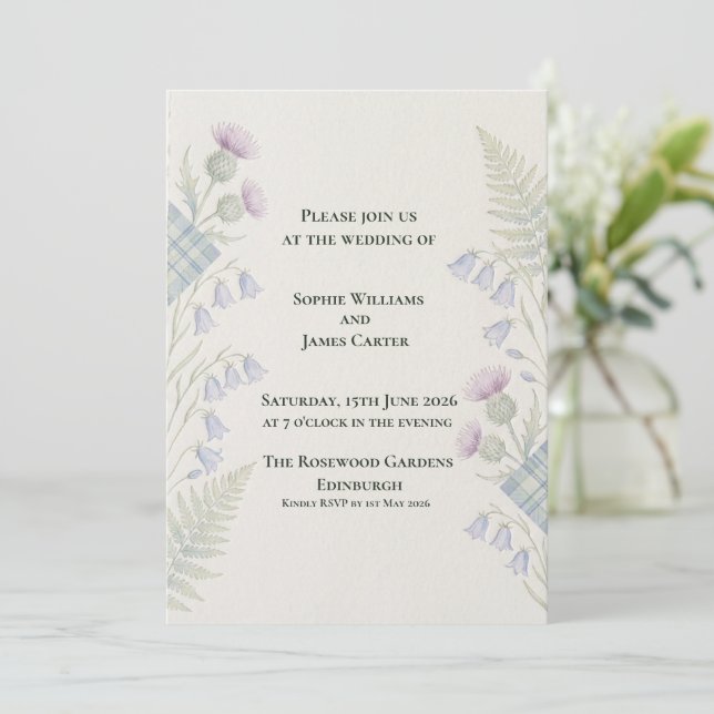 Convite Casamento Floral de Samambaia e Sinuelo Azul Escoc (Em pé/Frente)
