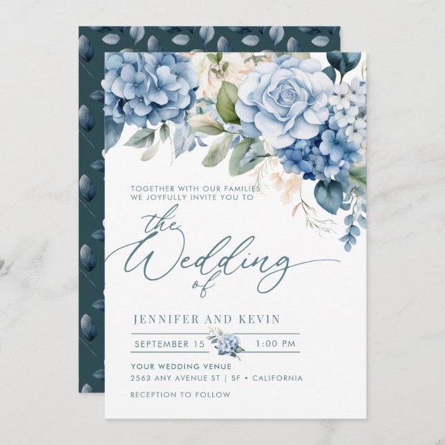 Convite Casamento Floral de Script Moderno de Hydrangea Az (Frente/Verso)