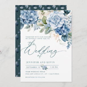 Convite Casamento Floral de Script Moderno de Hydrangea Az