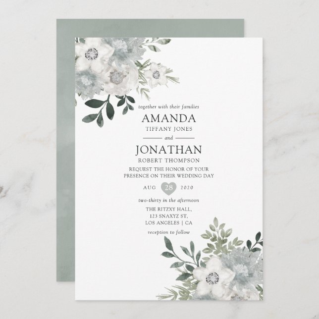 Convite Casamento Floral de Silver Sage em Watercolor (Frente/Verso)