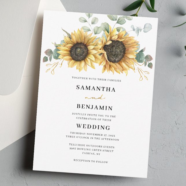Convite Casamento Floral de Sunflower Eucalyptus (Sunflower Floral Eucalyptus Watercolor Wedding Invitation)