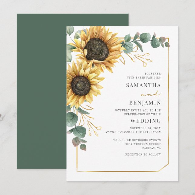 Convite Casamento Floral de Sunflower Eucalyptus (Frente/Verso)