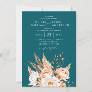 Convite Casamento Floral de Teal Boho Chic, Escuro Elegant