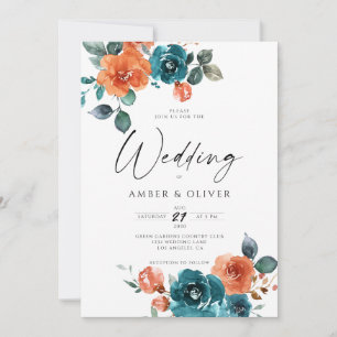 Convite Casamento Floral de Teal Burnt Orange Rust Laranja