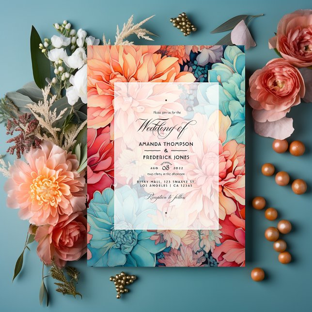 Convite Casamento Floral de Teal, Coral e Champagne (Criador carregado)