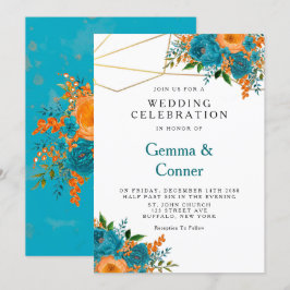 Convite Casamento Floral de Teal e Orange Watercolor