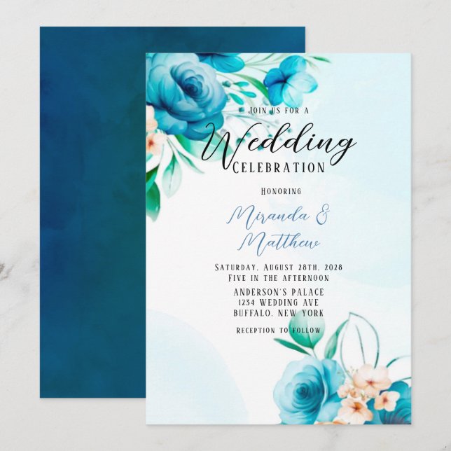Convite Casamento Floral de Teal e Peach Watercolor (Frente/Verso)