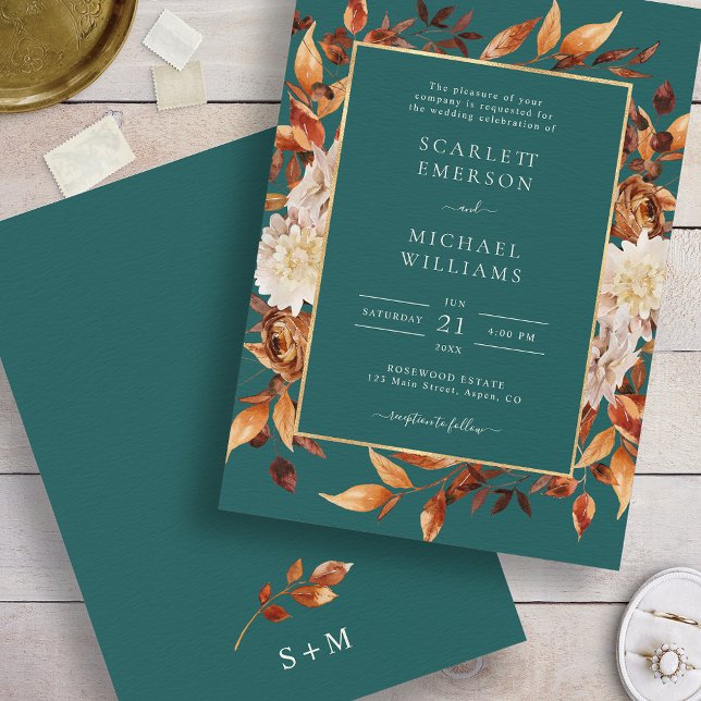 Convite Casamento Floral de Teal Fall (Elegant Copper Leaves Teal Fall Floral Wedding Invitation by Painted Paperie
)