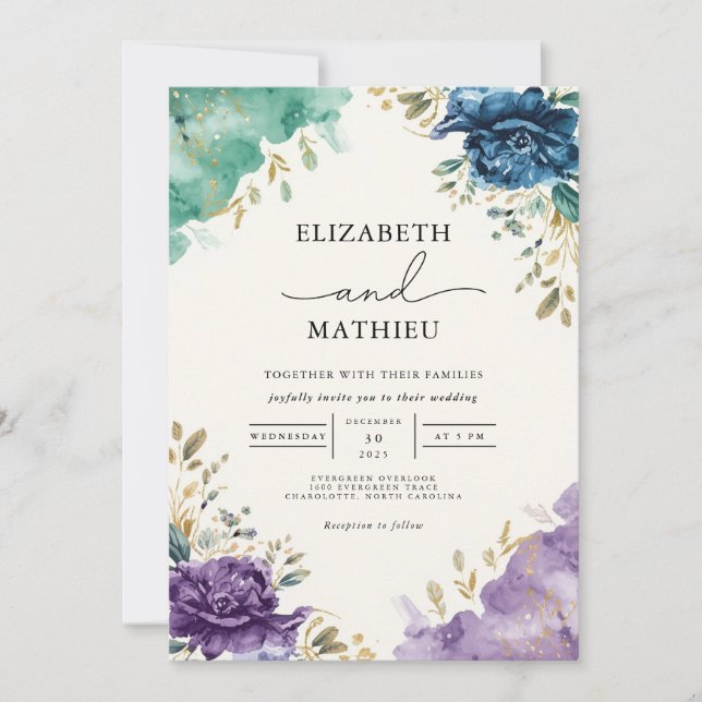 Convite Casamento Floral de Teal Profundo (Frente)