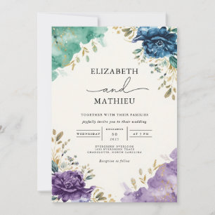 Convite Casamento Floral de Teal Profundo