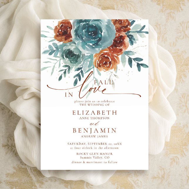Convite Casamento Floral de Teal Terracotta Boho (fall in love wedding invitation teal burnt orange terracotta watercolor floral botanical earthy chic)