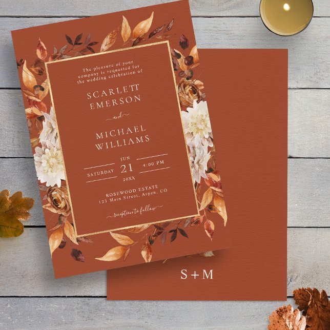 Convite Casamento Floral de Terracotta (Elegant Fall Terracotta Floral Copper Wedding Invitation Monogram on back by Painted Paperie
)