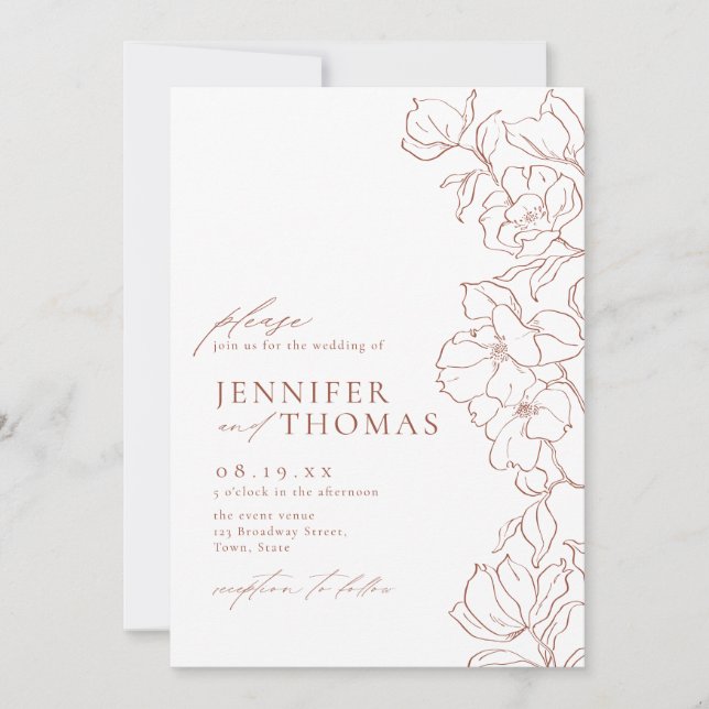 Convite Casamento floral de terracotta desenhado pela mão  (Frente)