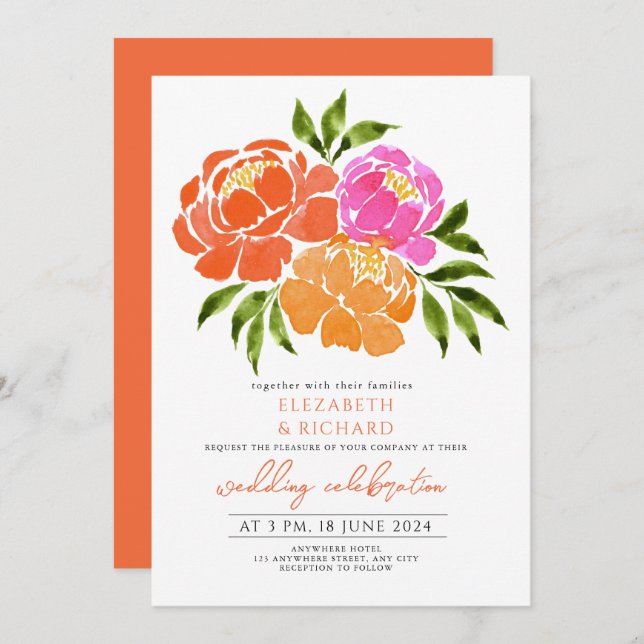 Convite Casamento Floral de Terracotta, Laranja-Burnt mari (Frente/Verso)