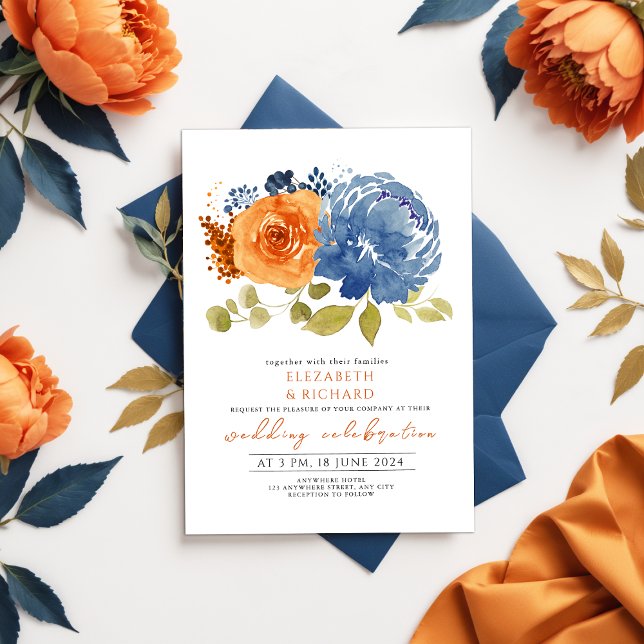 Convite Casamento Floral de Terracotta, Laranja-Burnt mari (Criador carregado)