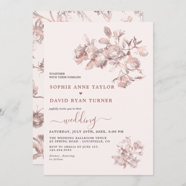 Convite Casamento Floral de Tois Francês, Dourado e Elegan (Frente/Verso)
