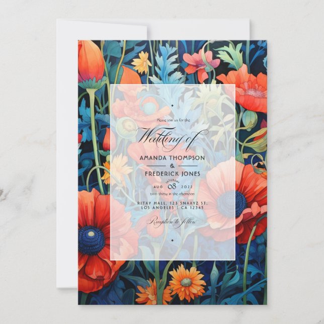 Convite Casamento Floral de Tomate Cereja e Azul Real (Frente)