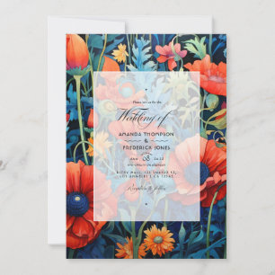 Convite Casamento Floral de Tomate Cereja e Azul Real