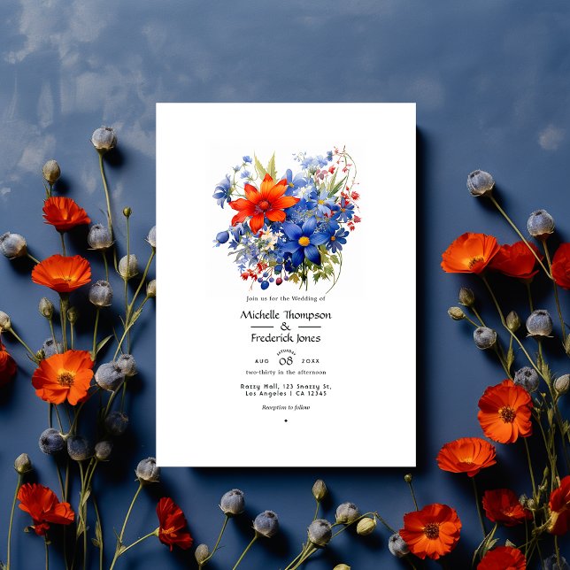 Convite Casamento Floral de Tomate Cereja e Azul Real (Criador carregado)