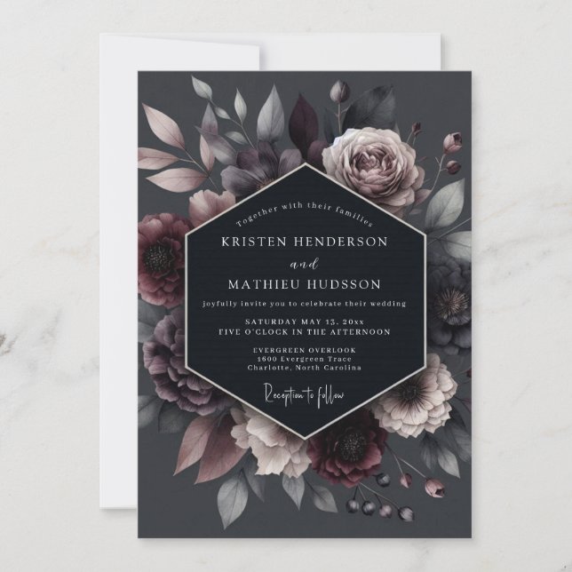 Convite Casamento Floral de Tons Profundos de Ameixa (Frente)