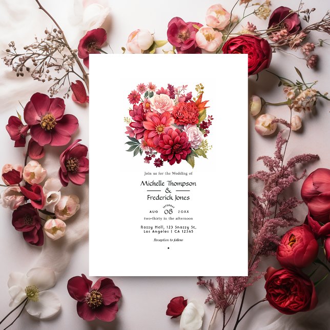 Convite Casamento Floral de Tons Vermelhos Ricos de Invern (Criador carregado)