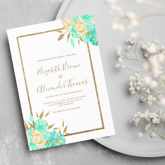 Convite Casamento floral de turquesa de ouro com brilho (Watercolor turquoise gold glitter floral wedding)