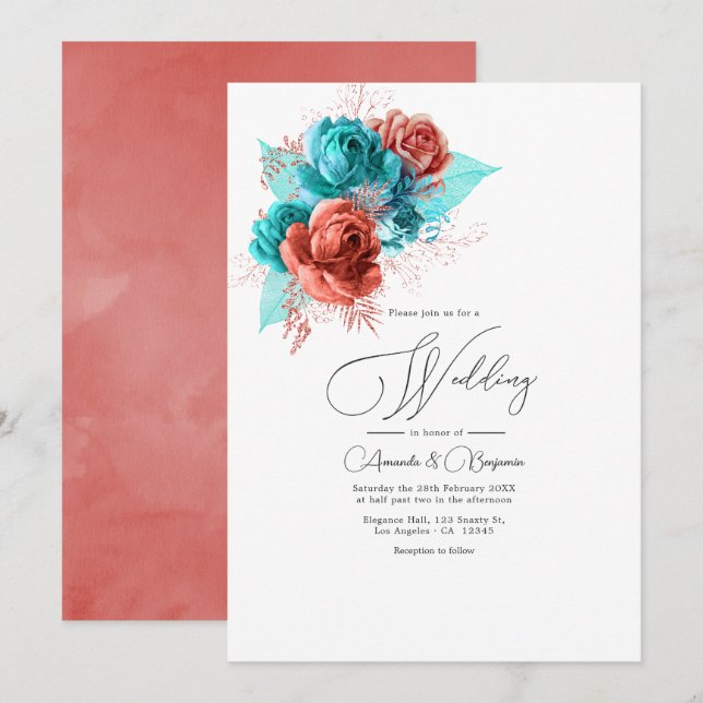 Convite Casamento Floral de Turquesa e Coral Watercolor (Frente/Verso)