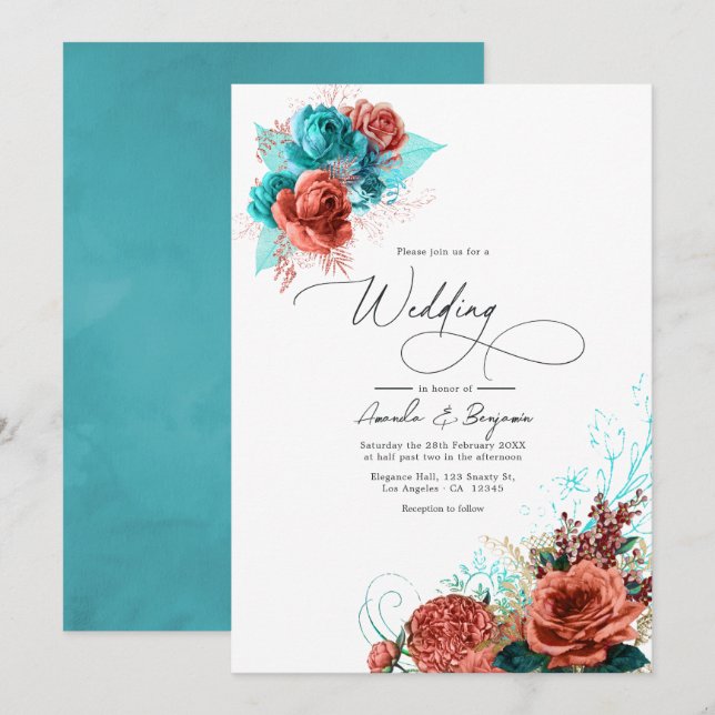 Convite Casamento Floral de Turquesa e Coral Watercolor (Frente/Verso)