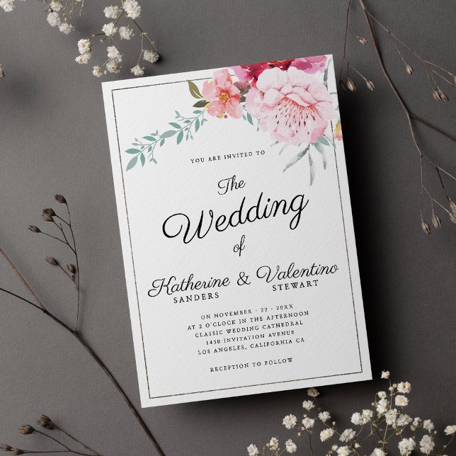 Convite Casamento floral de um guião de menta rosa elegant (Elegant pink mint formal script floral wedding)