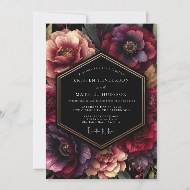 Convite Casamento Floral de Veludo Borgonha (Frente)