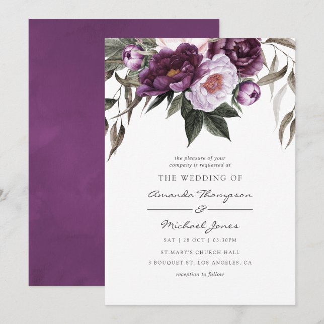Convite Casamento Floral de Veludo Profundo (Frente/Verso)