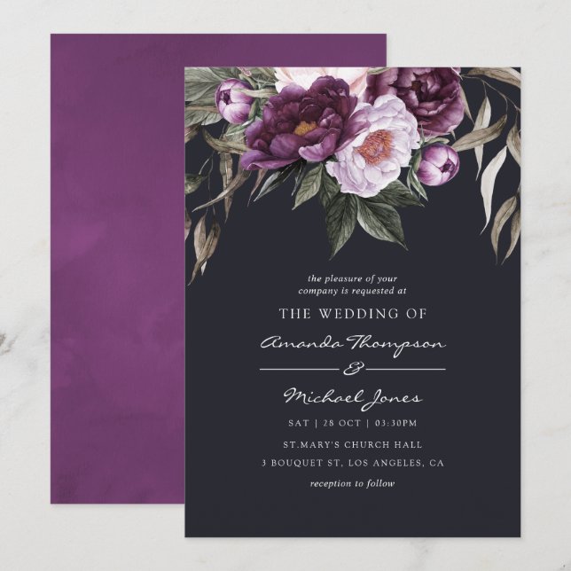 Convite Casamento Floral de Veludo Profundo (Frente/Verso)