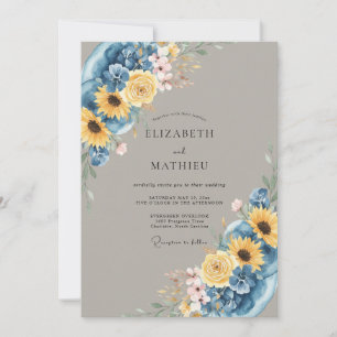 Convite Casamento Floral de Verão Azul Profundo
