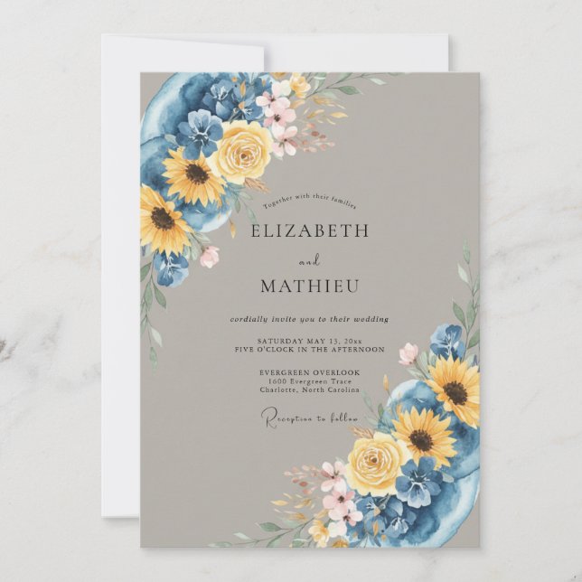 Convite Casamento Floral de Verão Azul Profundo (Frente)
