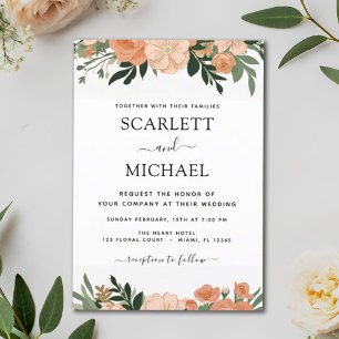 Convite Casamento Floral de Verão Botânico de Pêssego Eleg