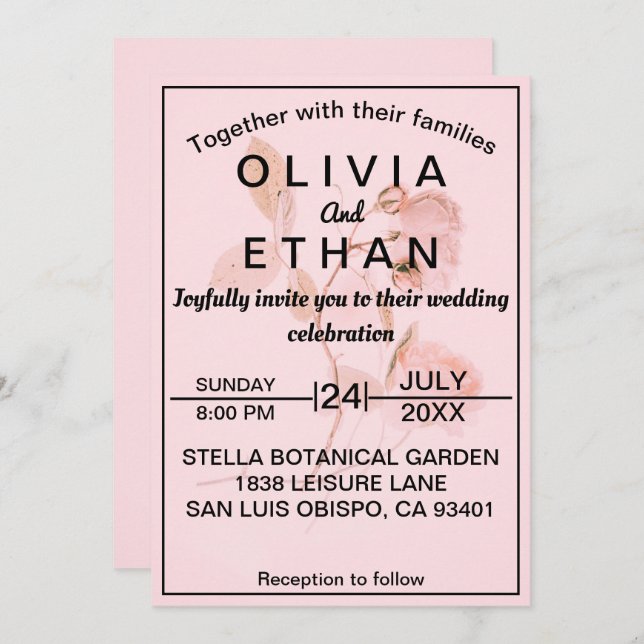 Convite Casamento Floral de Verão Chic Rose Rosa Rosa Rosa (Frente/Verso)