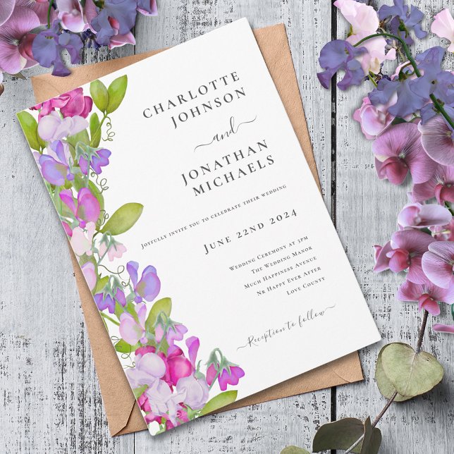 Convite Casamento Floral de Verão Cor-de-Rosa Moderna (Modern summer floral purple pink sweetpea wedding invitation )