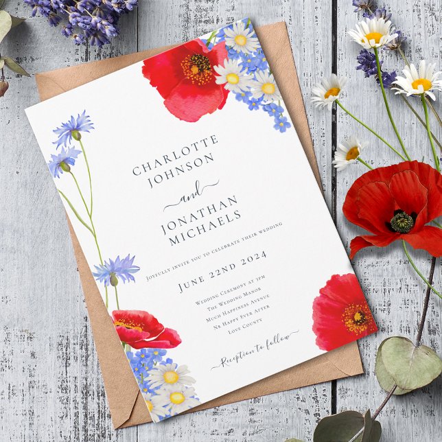 Convite Casamento Floral de Verão Elegante Azul Moderno (Modern wildflower watercolor boho blue wedding invitation )
