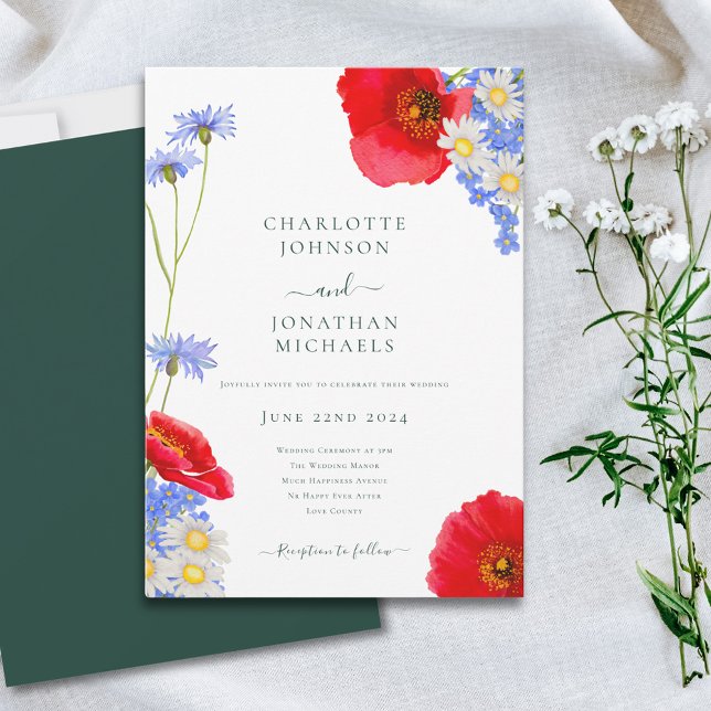 Convite Casamento Floral de Verão Elegante Verde Moderno (Elegant wildflower watercolor wedding invitation poppy cornflower and daisy floral blue green red)
