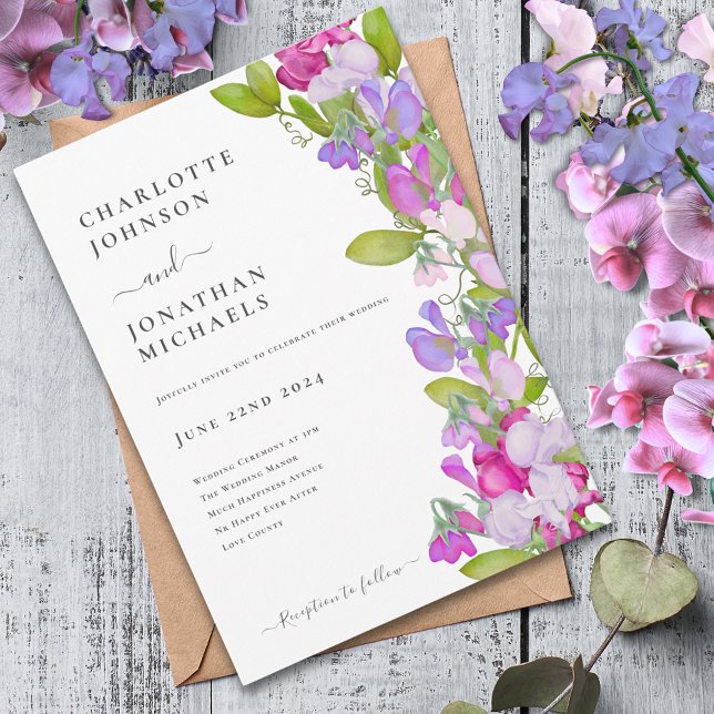 Convite Casamento Floral de Verão Moderno Elegante (Modern sweetpea floral pink purple wedding invitation)