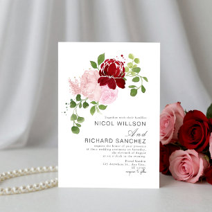 Convite Casamento Floral de Verão Vermelho e Rosa Elegante