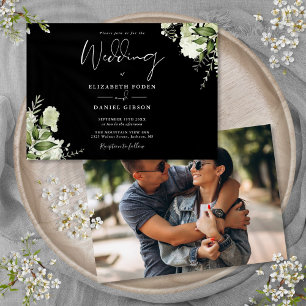 Convite Casamento Floral de Verde com Foto Preto e Branco