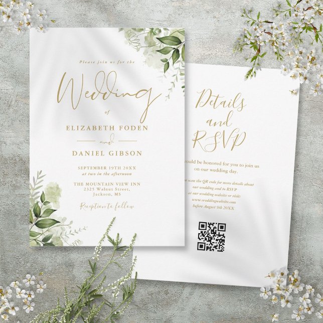 Convite Casamento Floral de Verdura com Código QR em Letra (Gold Script Greenery Floral QR Code Wedding Invitation)