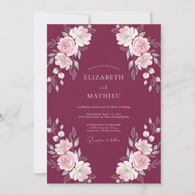 Convite Casamento Floral de Vinho (Frente)