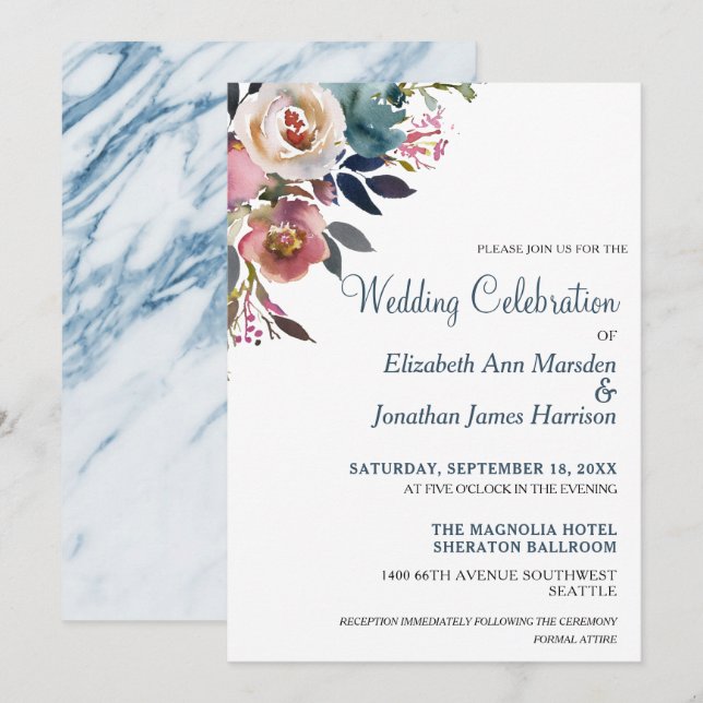 Convite Casamento Floral De Vinho De Champanhe Azul Com Po (Frente/Verso)