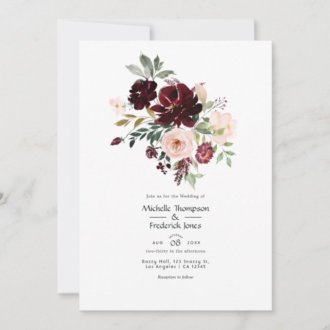 Convite Casamento Floral de Vinho e Rosa (Frente)