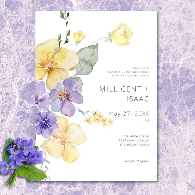 Convite Casamento Floral de Violetas Roxas e Amarelas Mode (Modern Purple & Yellow Violets Floral Wedding Invitation)