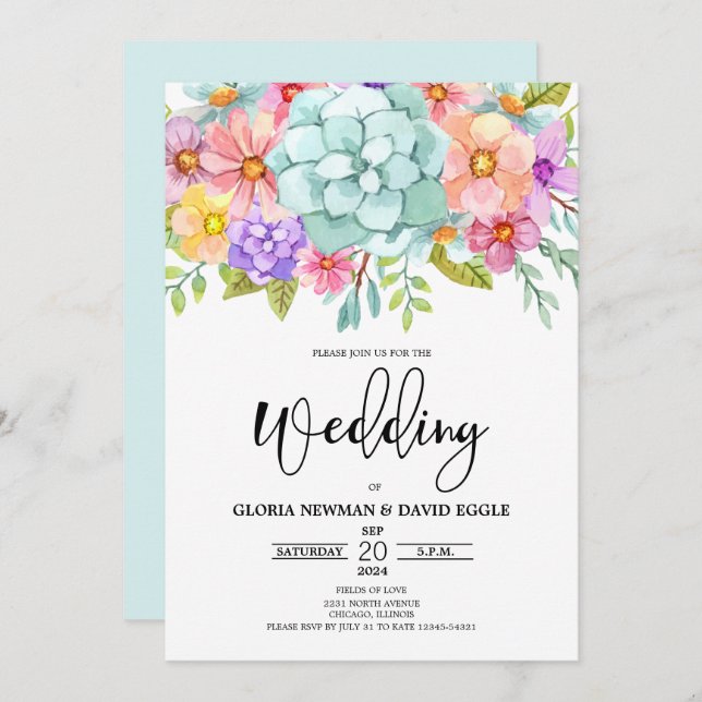 Convite Casamento Floral de Watercolor (Frente/Verso)