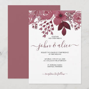 Convite Casamento Floral de Watercolor Burgundy